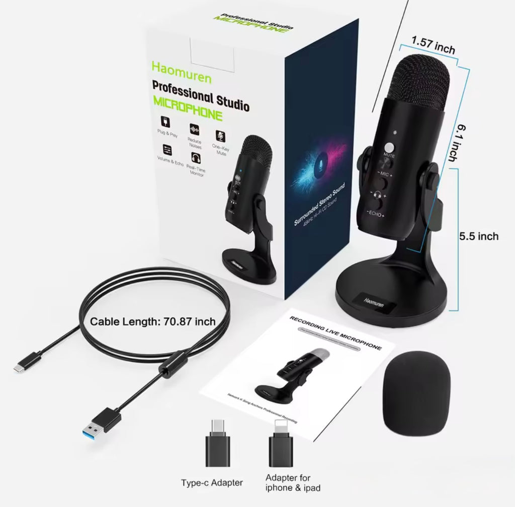 Haomuren USB Condenser Mic with Phone Adapter & Headphone Output